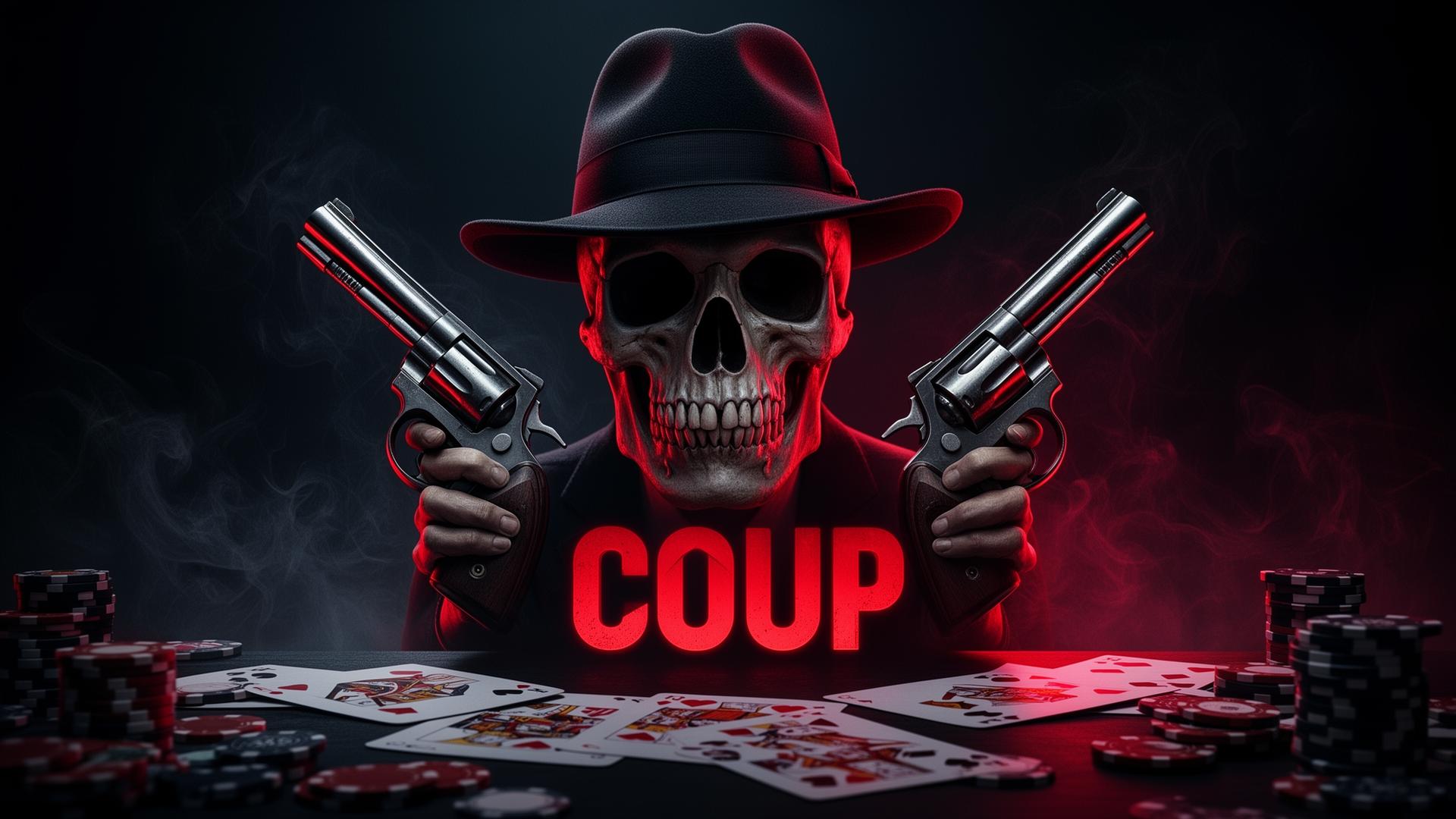 COUP PLUS game background - dark and dramatic board game atmosphere