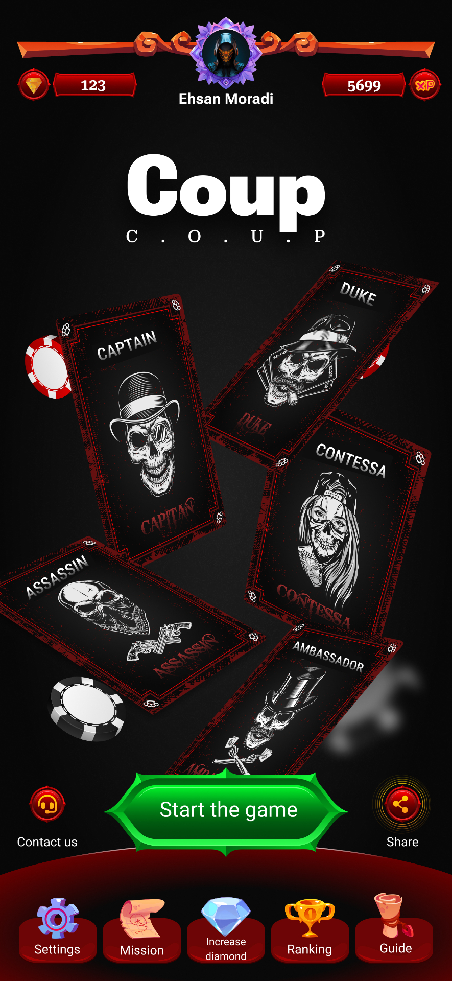 COUP PLUS main menu showing character cards and game options