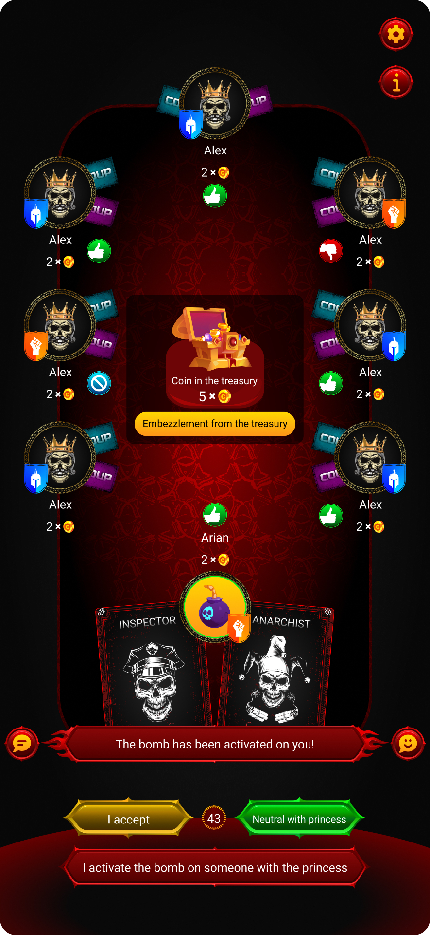 COUP PLUS game board showing bluff and action mechanics