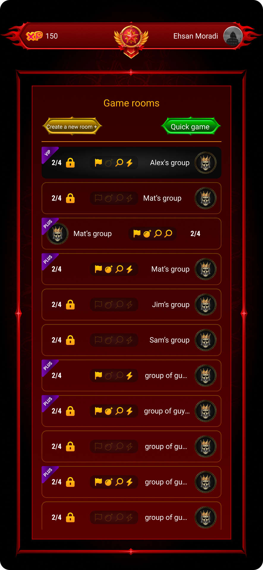 COUP PLUS game rooms lobby for online multiplayer matchmaking